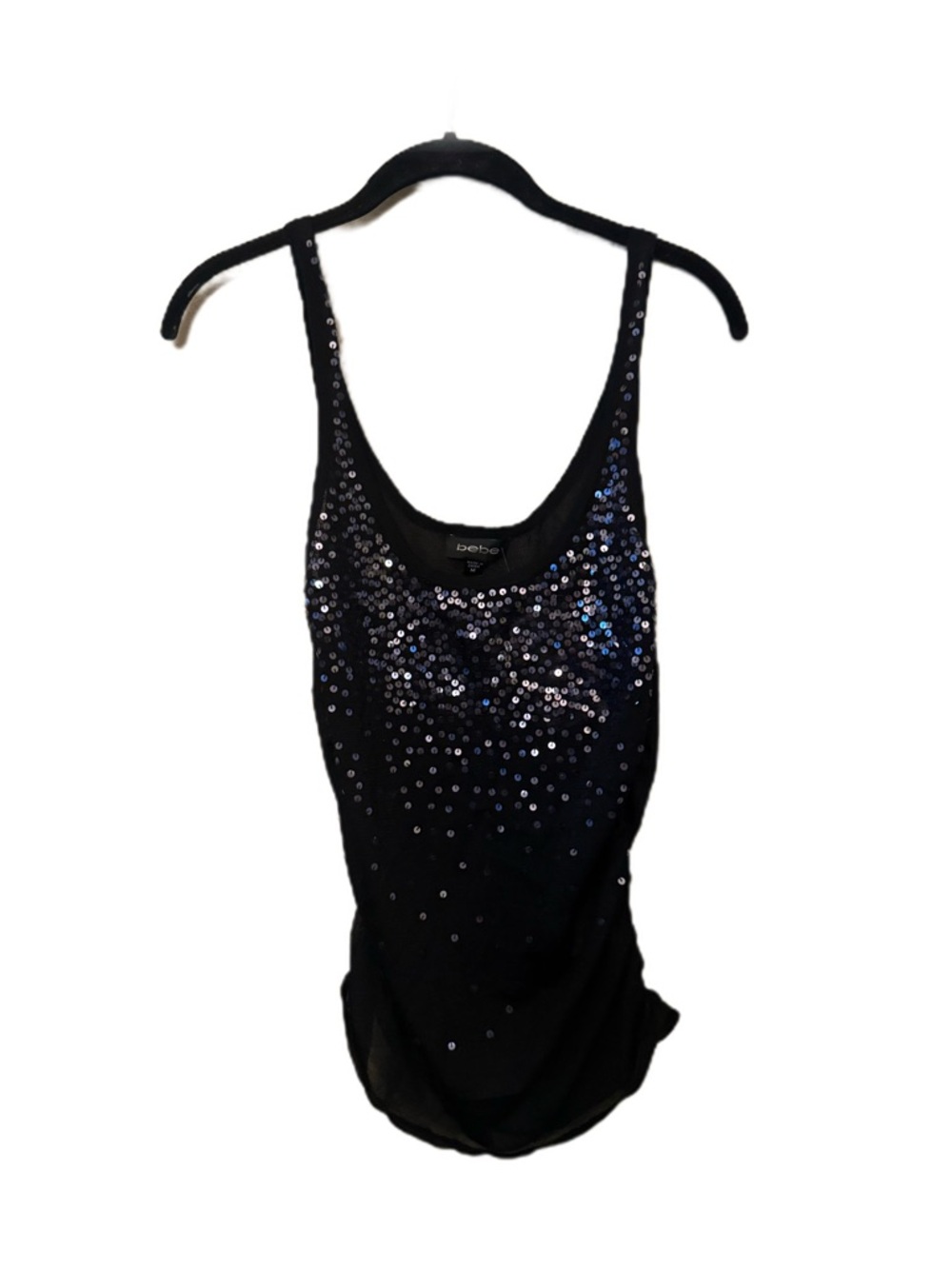 Y2K bebe Black Sequin Scoop Tank with Ruching Detail on Sides